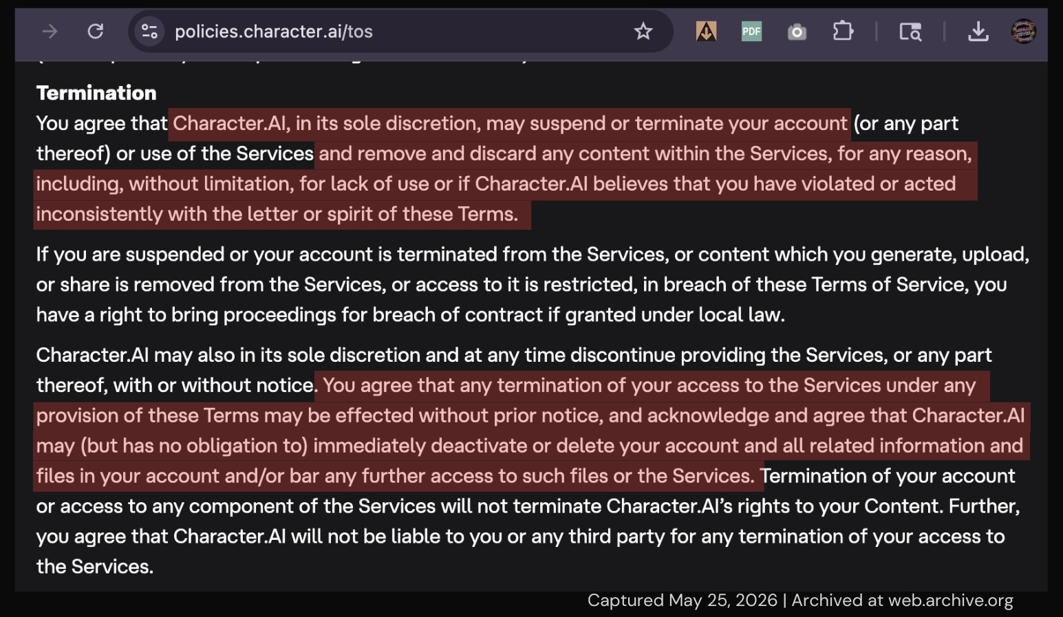 Screenshot of Character.AI termination clause