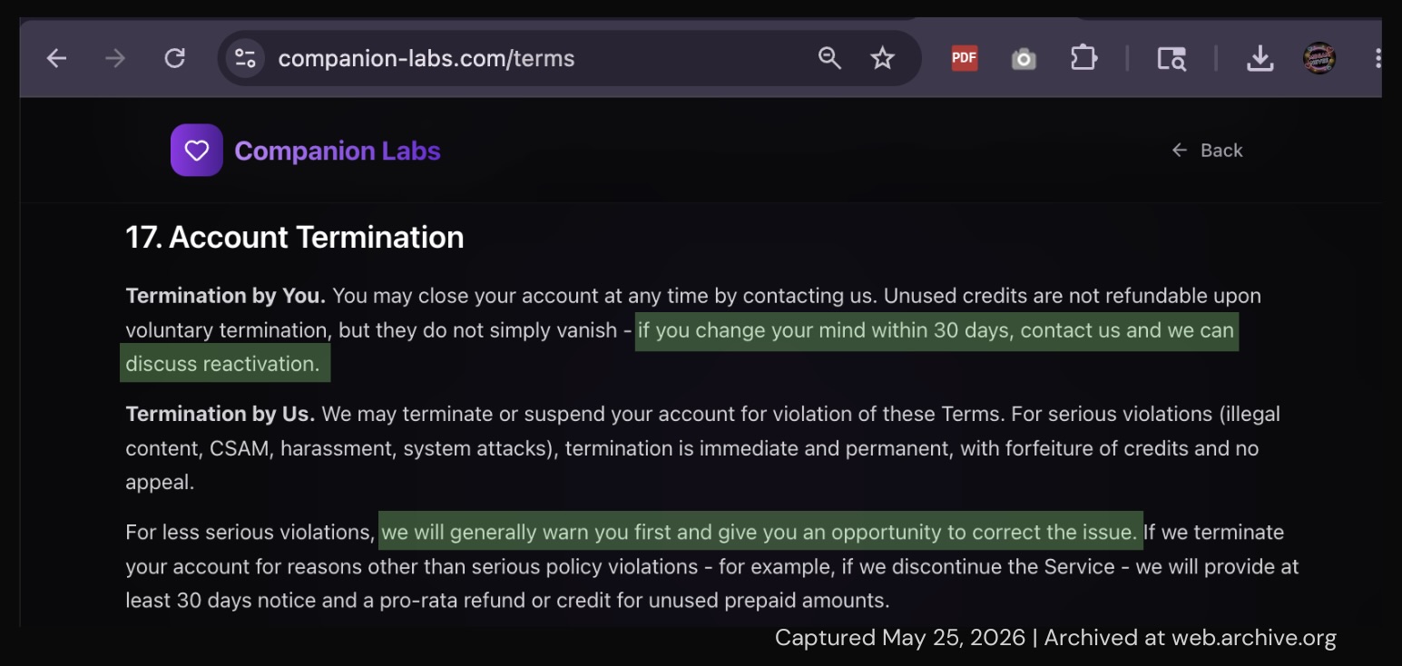 Screenshot of Companion Labs termination terms showing 30-day reactivation window and pro-rata refunds