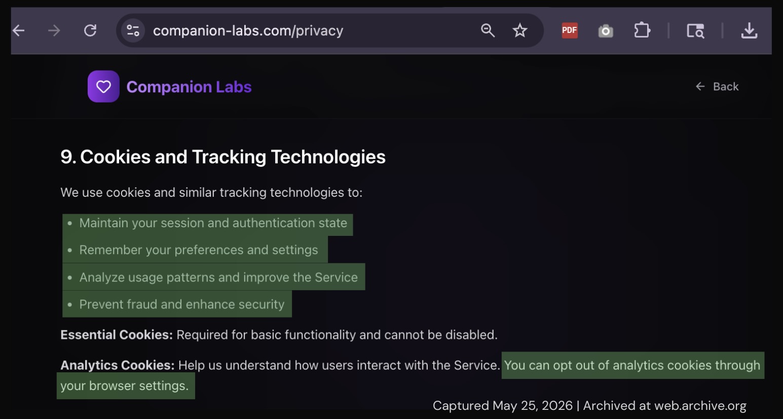 Screenshot of Companion Labs cookies policy showing opt-out options