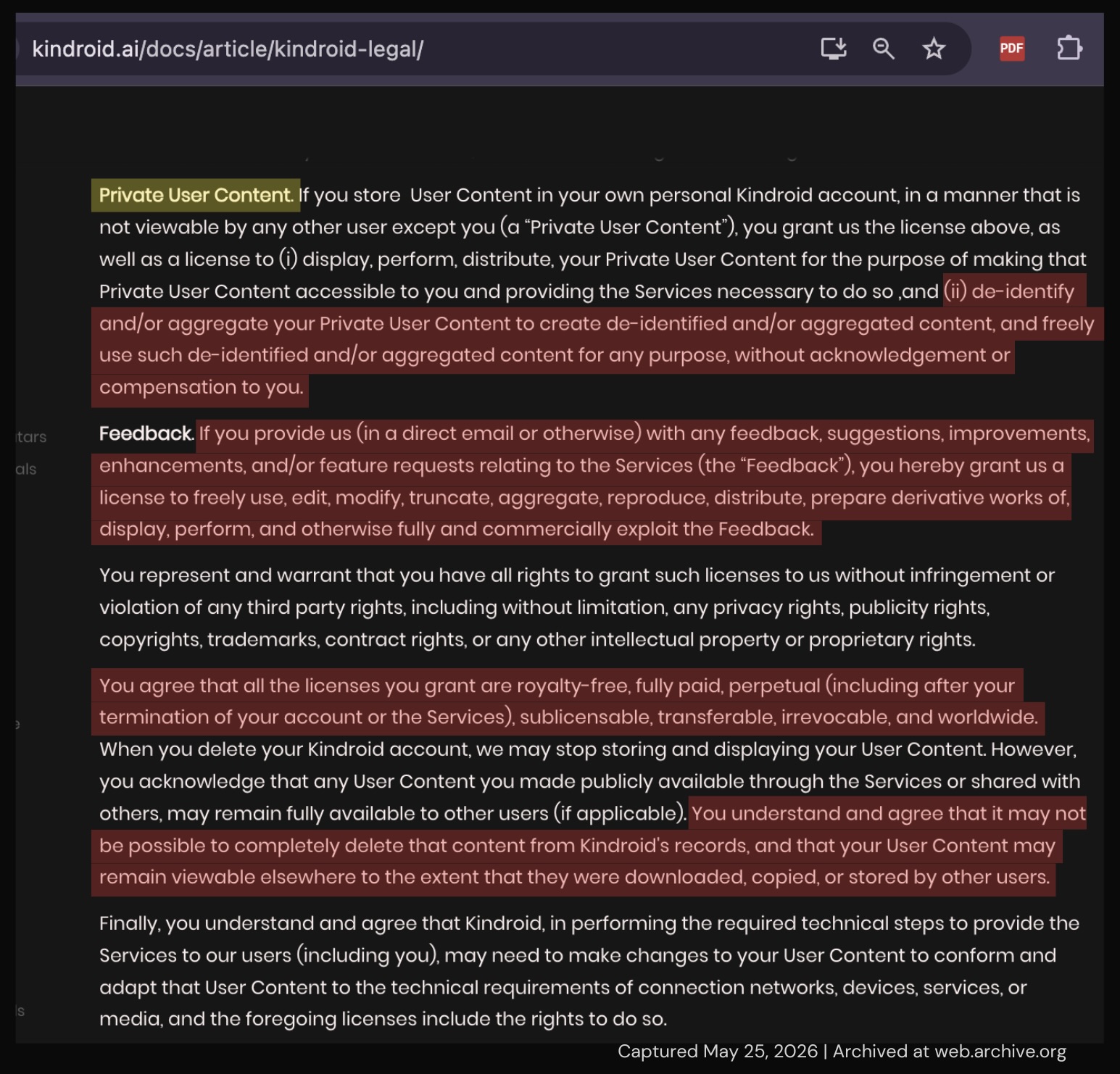 Screenshot of Kindroid Terms of Service showing their content licensing and de-identification clauses