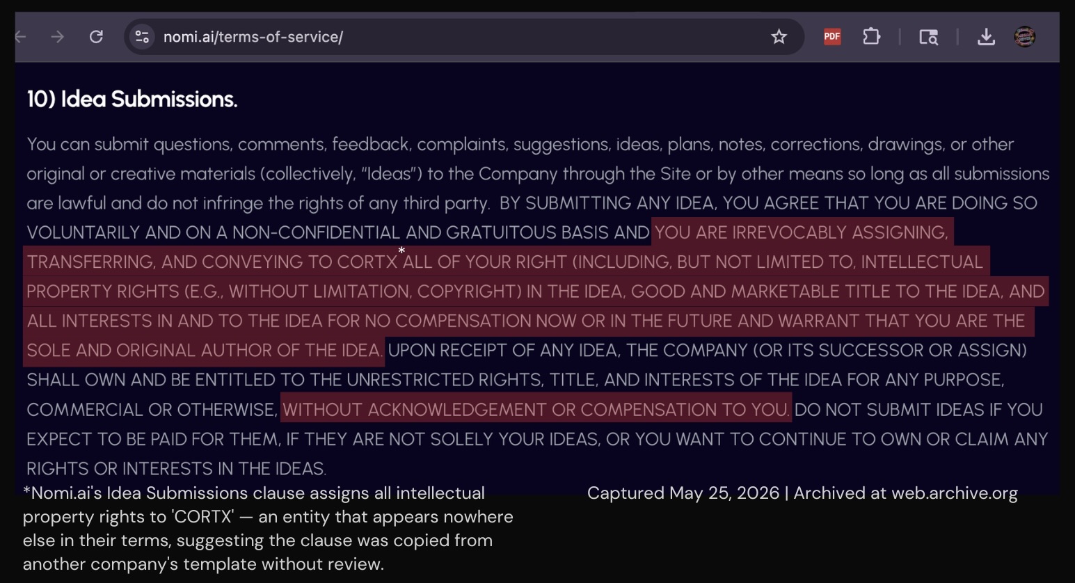 Screenshot of Nomi.ai Idea Submissions clause showing full intellectual property assignment to CORTX, an entity that appears nowhere else in their terms