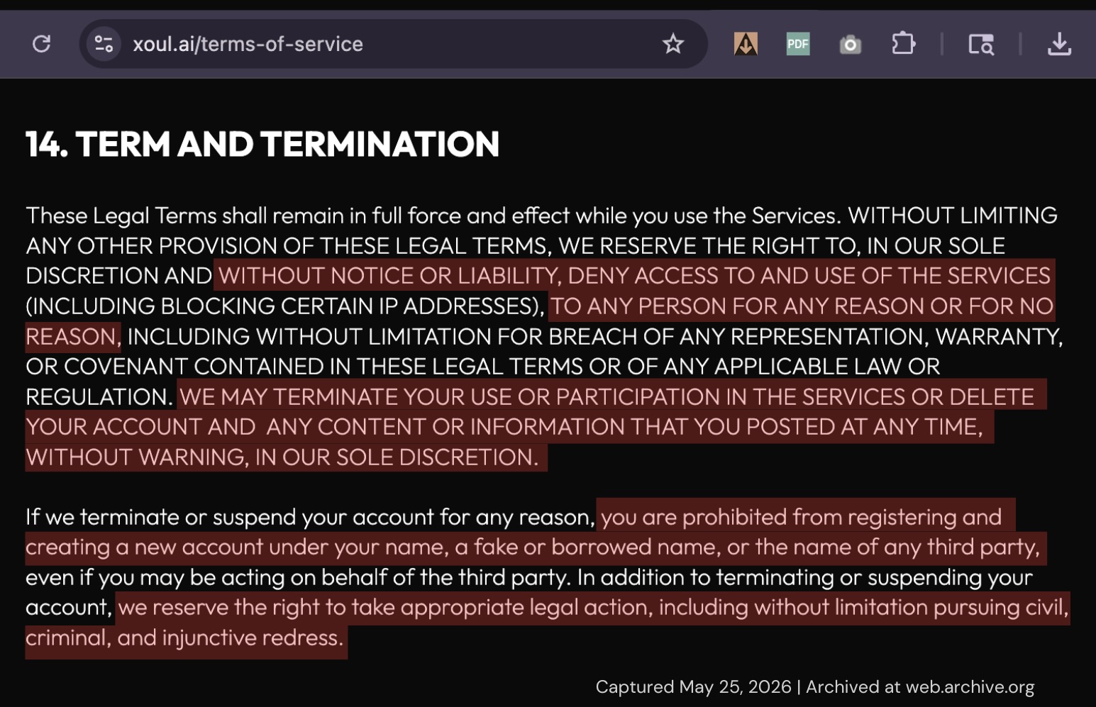Screenshot of Xoul.ai termination clause in all-caps, reserving the right to deny access for any reason or no reason