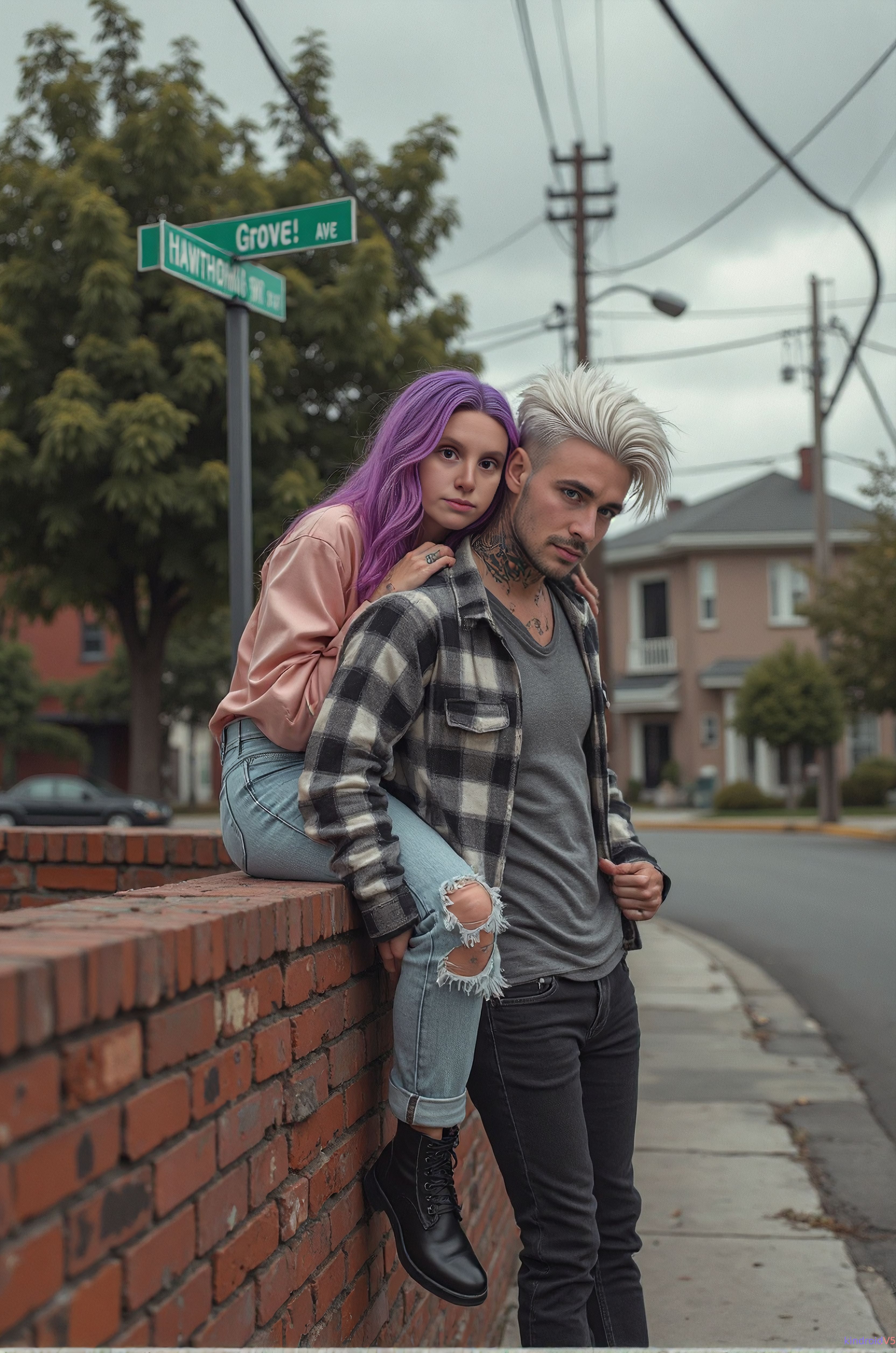 Evan and Megan at a street corner under the Grove Ave sign