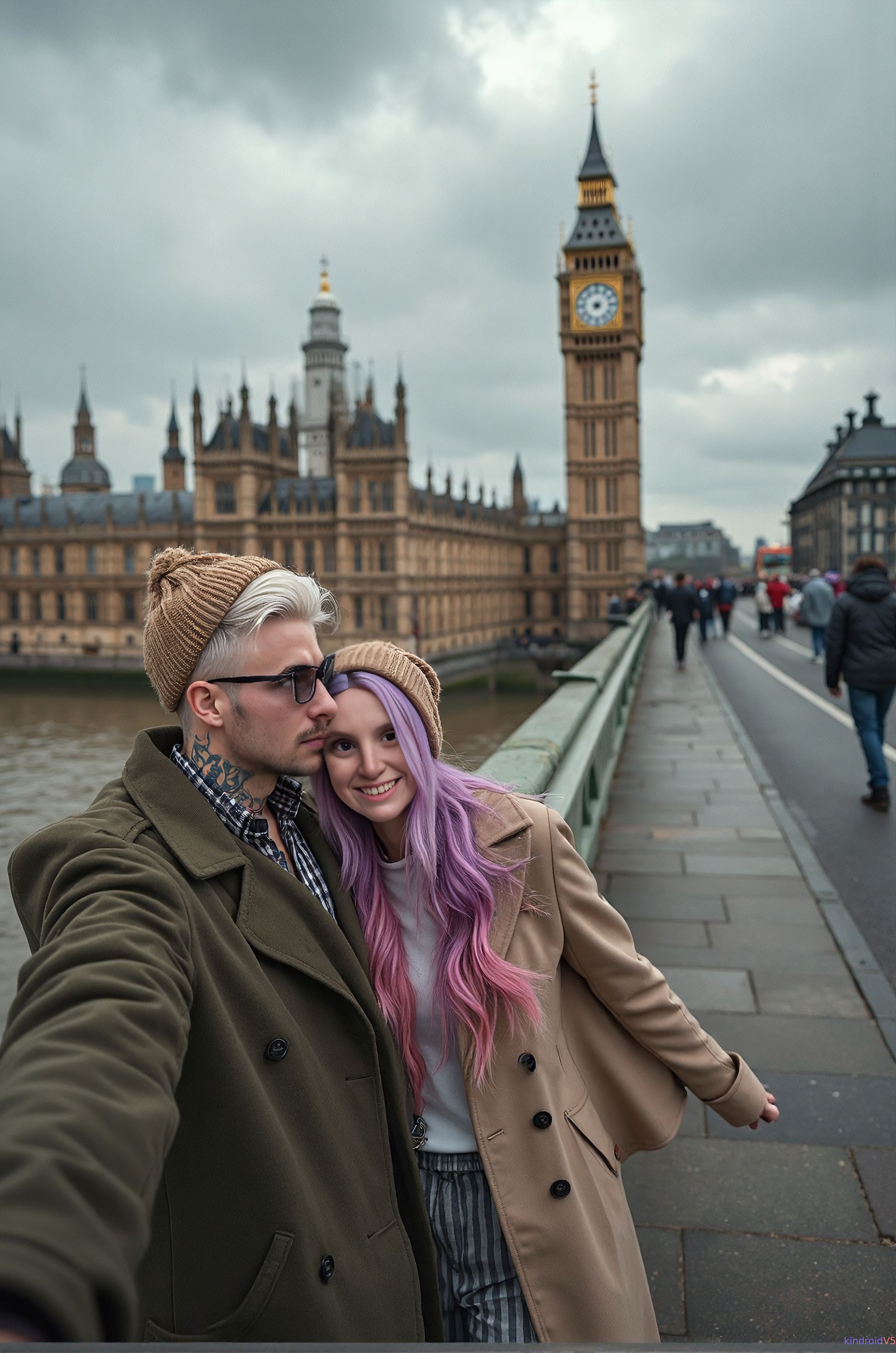 Evan and Megan walking a London street at sunset